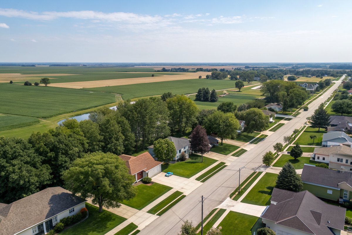 Aerial view of a suburb of single-family homes and tree-lined streets beside farm fields