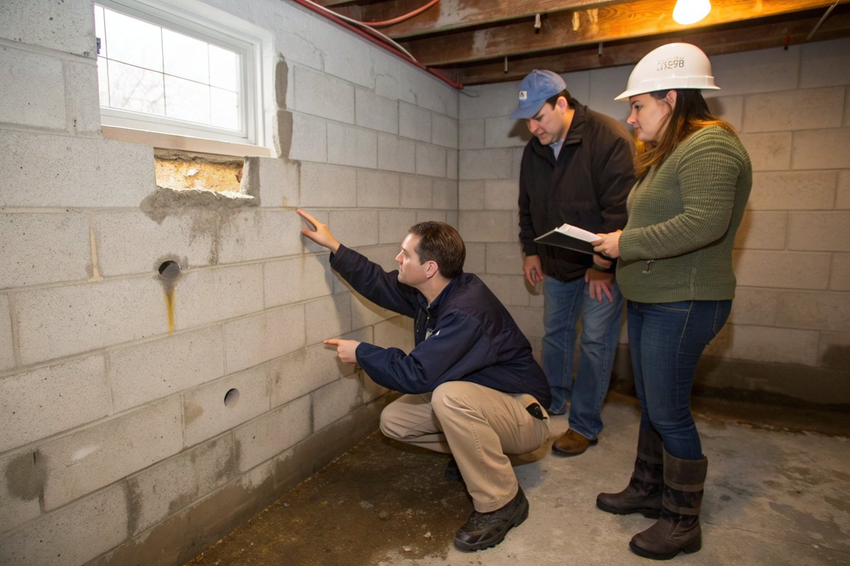 A man pointing at a damp spot on a block basement wall while two people look on
