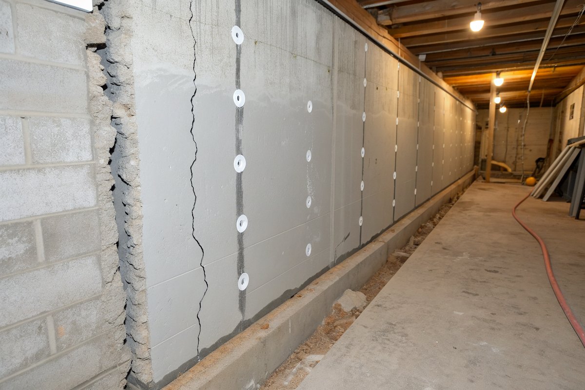 A vertical crack in a poured basement wall sealed with gray paste and small white injection ports