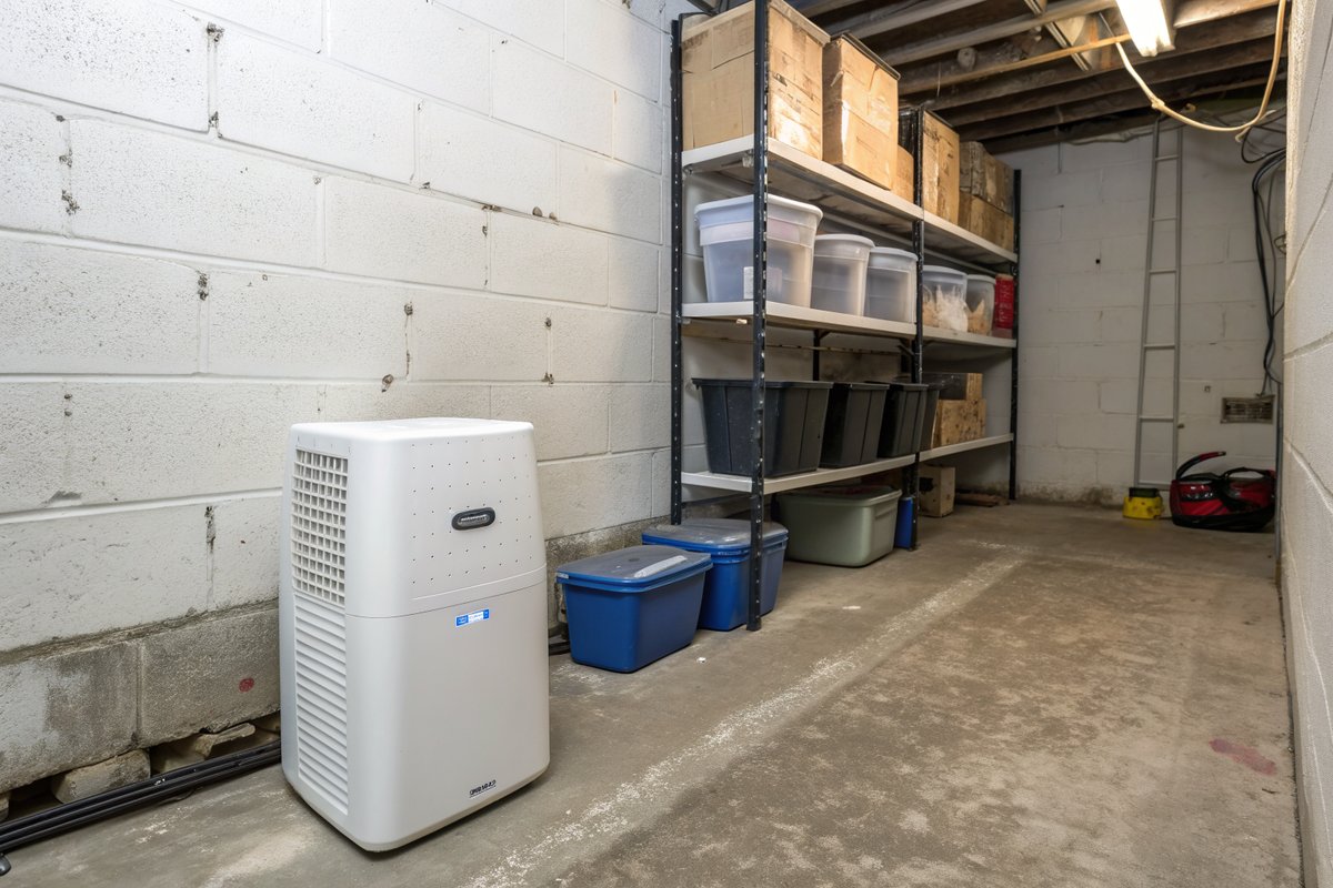 A white dehumidifier in a tidy unfinished basement beside storage shelves