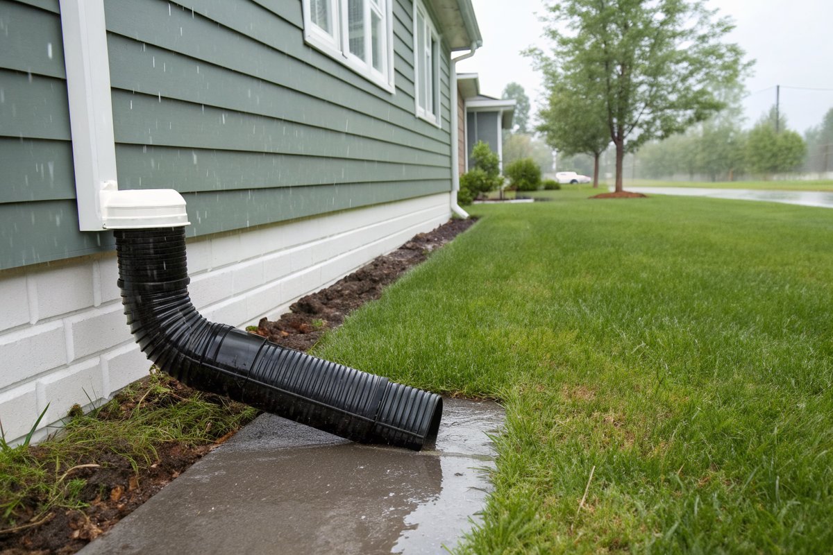 A black corrugated extension carrying downspout water across a wet lawn away from a sided house