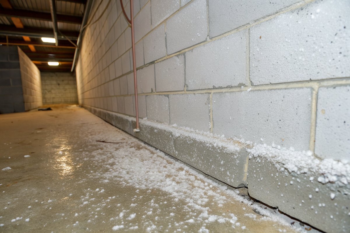 White chalky efflorescence along the bottom courses of a gray block basement wall