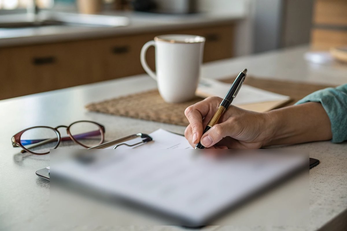 A hand with a pen over papers on a clipboard on a kitchen table, beside glasses and a mug
