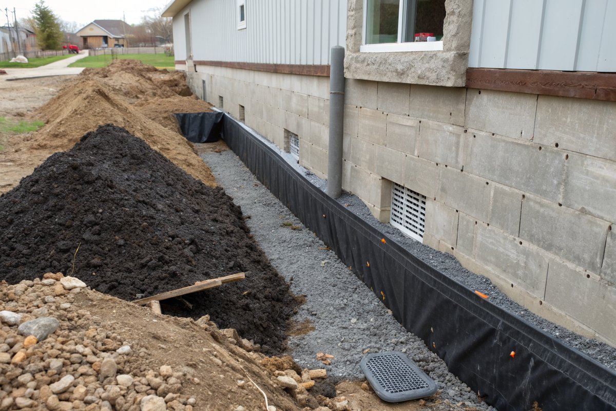 An open trench beside a foundation coated in black membrane, with a perforated pipe in gravel at the footing