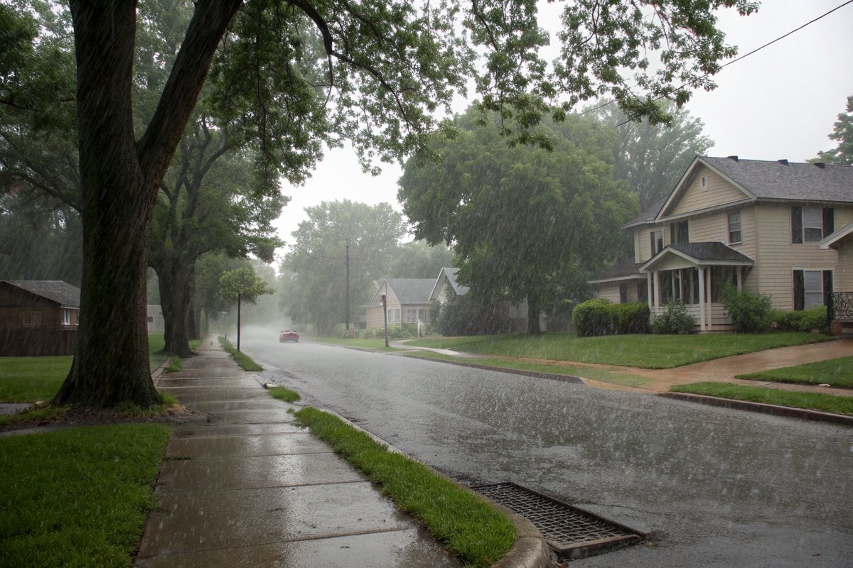 Summer rain running along the curb into a storm drain on a street of older houses under big trees