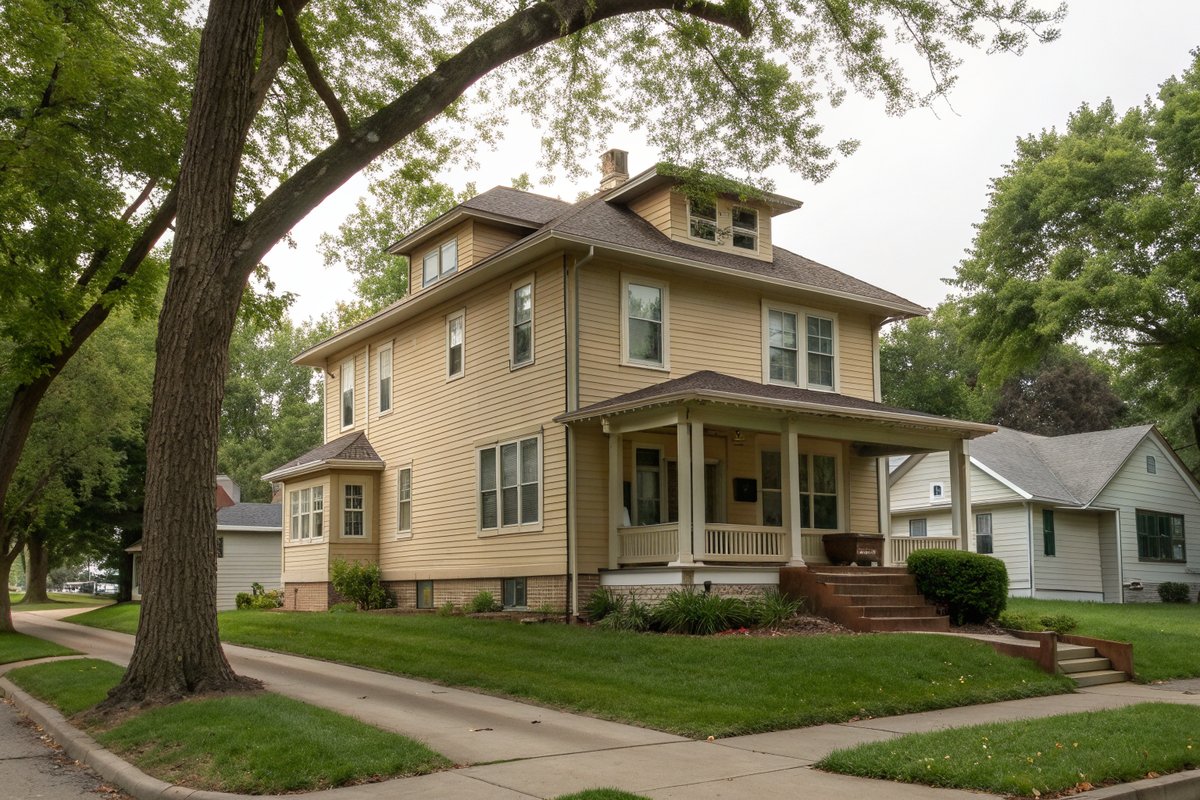 A tan clapboard two-story foursquare house with a front porch and small basement windows under big oaks
