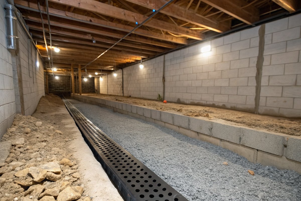 A channel cut into a basement floor along a block wall, holding a black perforated drain in gravel