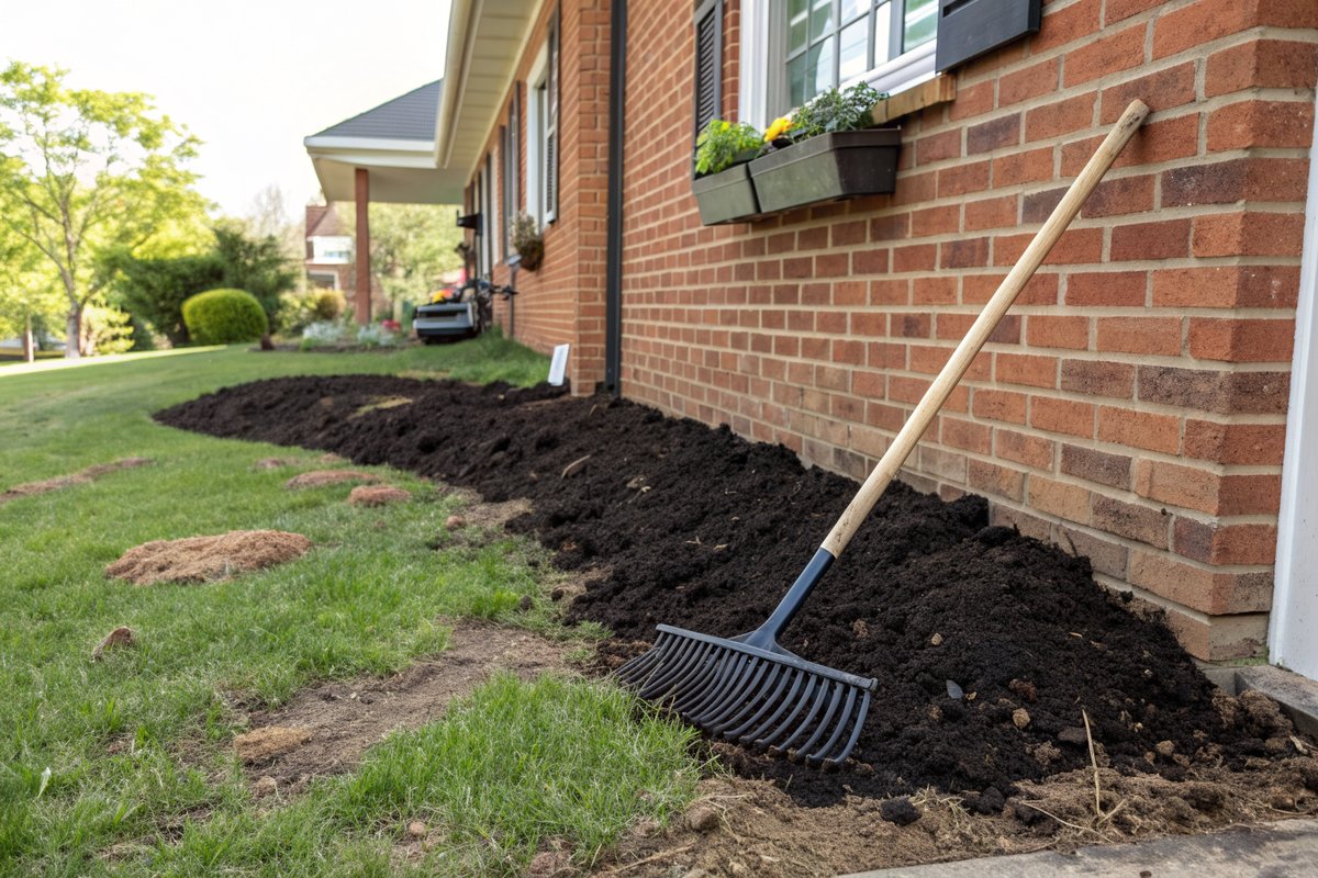 Fresh black topsoil sloped away from a brick ranch house, with straw, grass seed and a rake