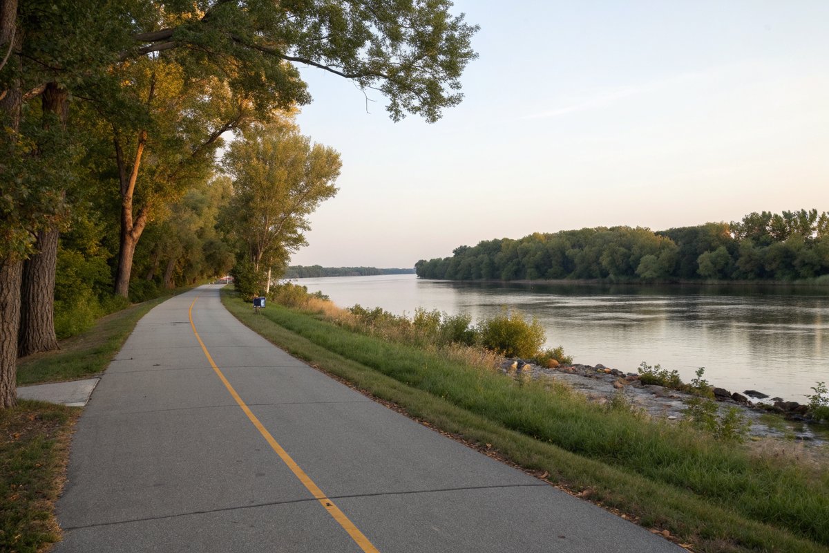 A paved trail beside a wide calm river lined with cottonwoods in evening light