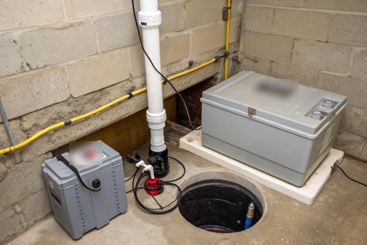 A sump pit with a white discharge pipe, a backup pump and a gray battery box against a block wall