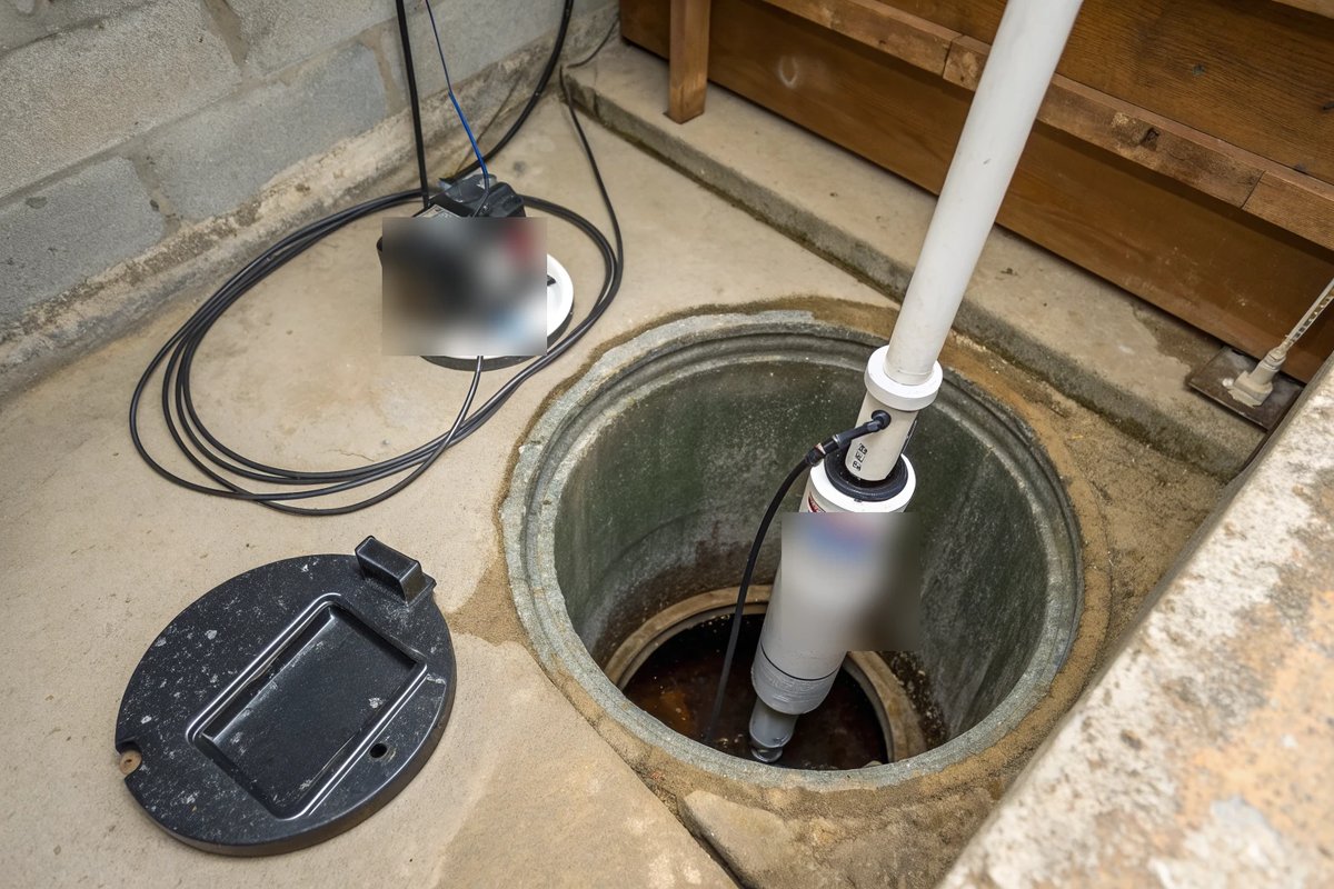 Looking down into a round sump basin with a submersible pump and a white discharge pipe