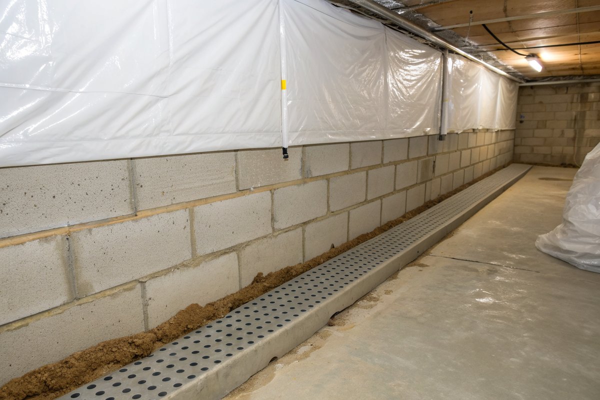 White plastic sheeting fastened along a block basement wall above a dimpled drainage edge