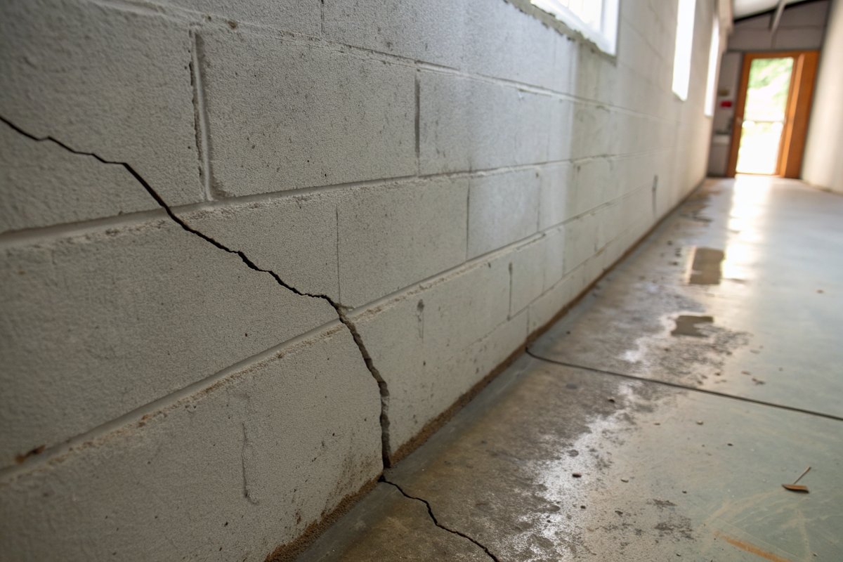 A thin diagonal crack across a gray basement wall with a damp mark below it