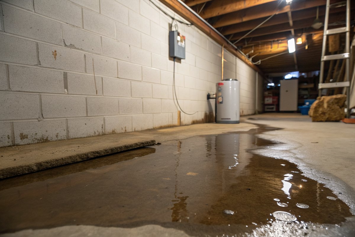 A puddle spreading from the base of a poured wall across an unfinished basement floor near a water heater