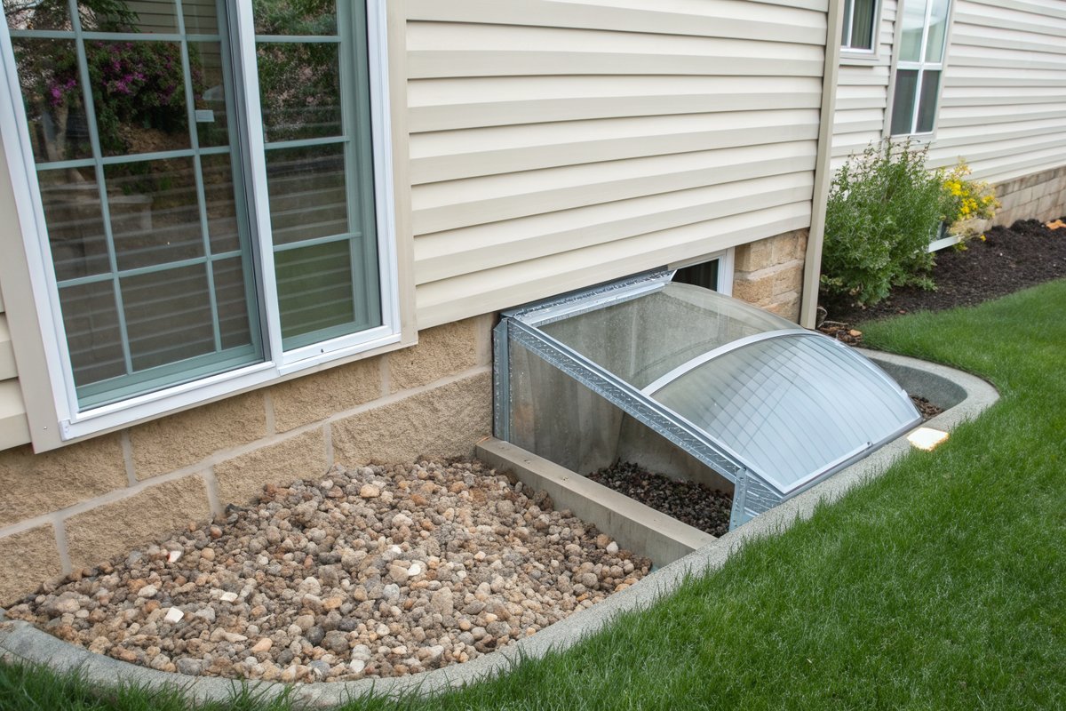 A galvanized window well filled with gravel beside a basement window, with a clear dome cover